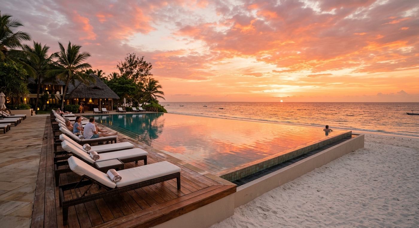 Beachfront resort pool at sunset, Zanzibar